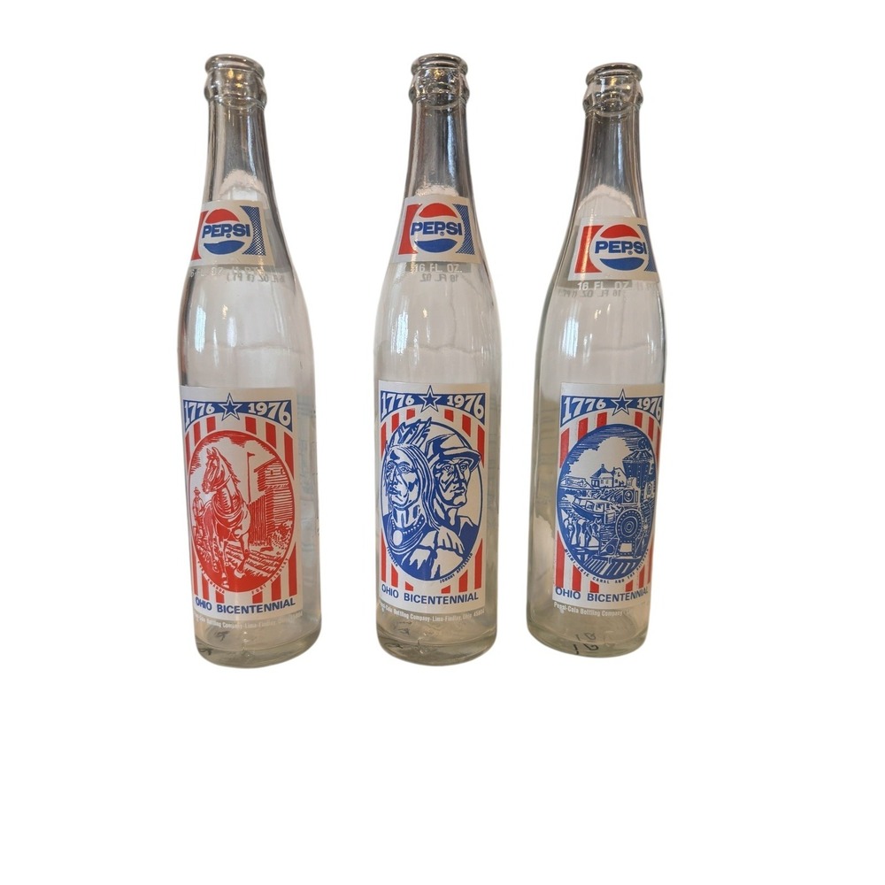 3 Pepsi Ohio Bicentennial Bottles Tecumseh Johnny Appleseed Miami Erie Canal 250
